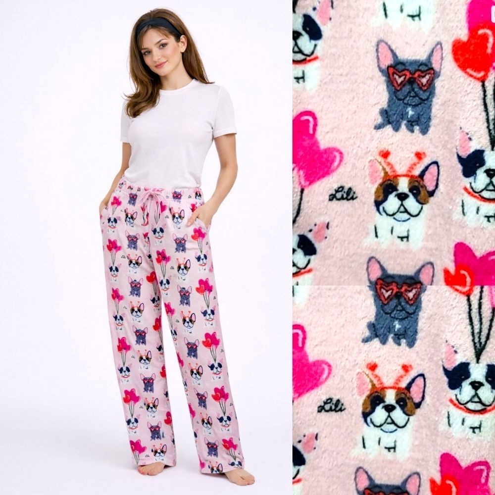 Valentine's Dog Lounge Pants Hearts Pink Plush Pjs Large